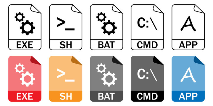 Collection of executable and shell script file format icons (EXE, SH, BAT, CMD, APP) in outline and color styles. Great for software development and IT projects.