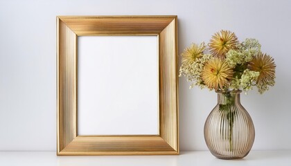 Gold A Frame Mockup Template with Summer Flowers and Vase Against White Background, Showcasing a Cheerful Atmosphere for Digital Art, Home Decor, or Design Inspiration.
