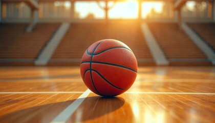 Naklejka premium Basketball on Wooden Court at Sunset