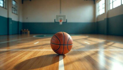 Naklejka premium Basketball on Wooden Court in Gymnasium