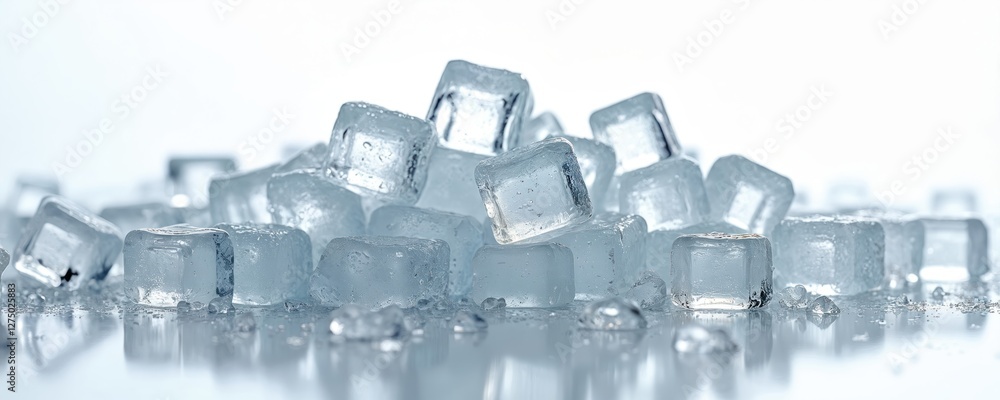 Aufkleber pile of transparent ice cubes on white background. crystal clear frozen blocks for cocktails, bevera