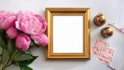 Vintage Gold Frame Encrusted with Pink Peonies and Antique Stamps, Timeless Elegance Radiating Romantic Charm Overlaid by a Quote, Perfect for Home Decor or Artistic Expression.