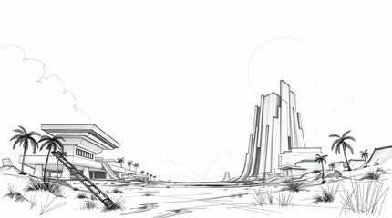 Obraz premium Hand-drawn sketch of a futuristic desert landscape with modern buildings, palm trees, and a distant sun, creating a minimalist, architectural scene.