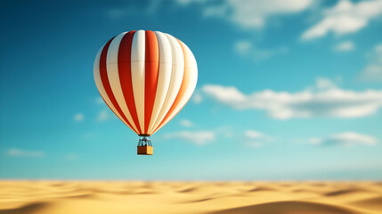 Fototapeta premium A vibrant hot air balloon floats gracefully above a golden desert landscape under a clear blue sky, embodying adventure and freedom.