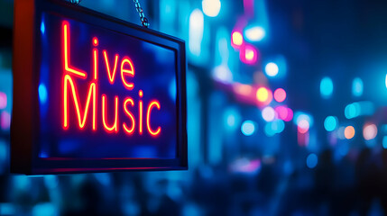 A vibrant neon sign reads 'Live Music,' capturing the energy of nightlife and musical culture in a lively street setting.