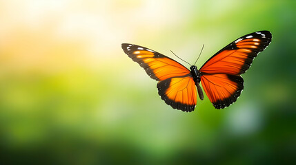 Naklejka premium A vibrant orange butterfly gracefully flutters amidst a soft green background, capturing the beauty of nature's delicate wonders.