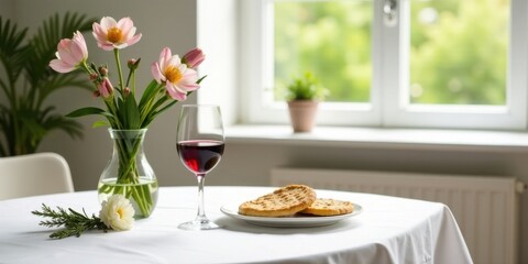 A serene table setting with a glass of red wine, delicate pink flowers in a vase, and freshly baked bread, bathed in soft natural light filtering through a window.