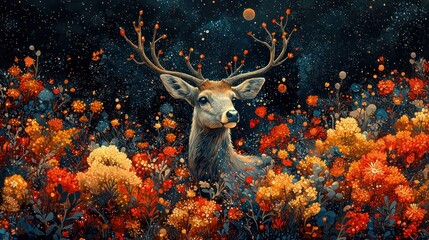 Celestial Deer in a Dreamlike Flower Meadow