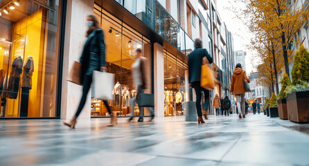 Urban shopping scene with diverse adults walking in modern city street