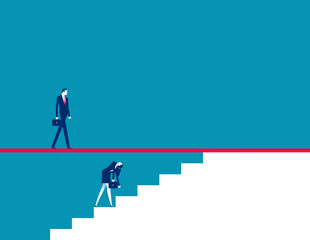 Fototapeta premium Employee stopped in ascension to higher steps by a glass ceiling ana annoyed by a boss above it