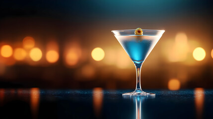 A visually striking blue cocktail garnished with an olive, surrounded by soft, blurred lights, creating a vibrant nightlife atmosphere.