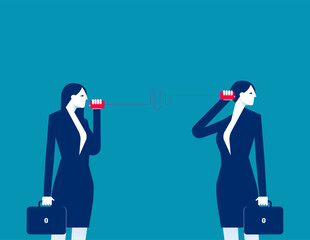 Two workers using thin cans to communicate. Business vector flat style