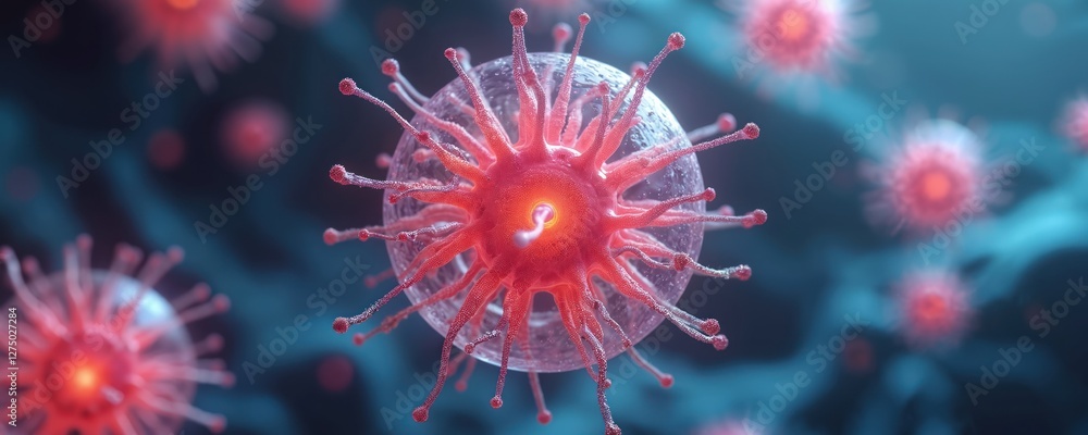 Poster Detailed 3D rendering of leukemia cell, shows complex structure. Cellular insight in futuristic tone. Concept for medical, scientific pharmaceutical industry. Illustration of cancer research, health,