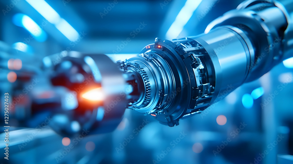 Poster close-up of a robotic arm with advanced technology features in a modern manufacturing environment.