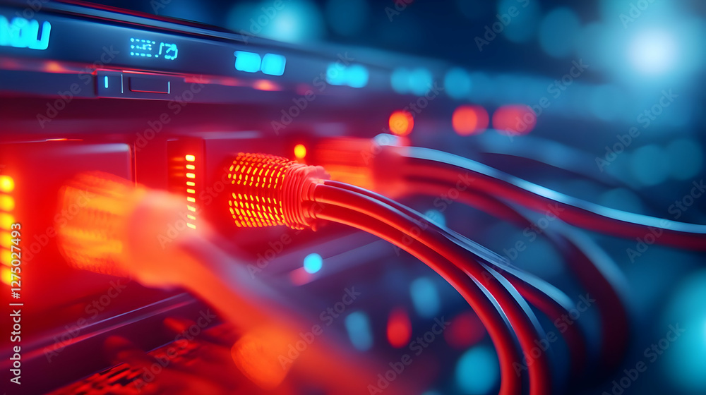 Aufkleber close-up of glowing network cables connected to a server, showcasing the pulse of modern technology 