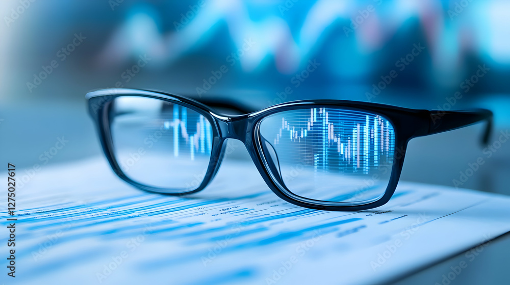 Poster close-up of glasses reflecting business charts and reports, symbolizing analysis and insight in fina