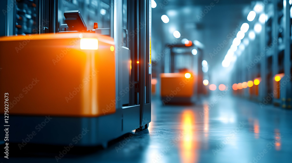 Poster close-up view of orange automated equipment in a modern warehouse with enhanced lighting for efficie