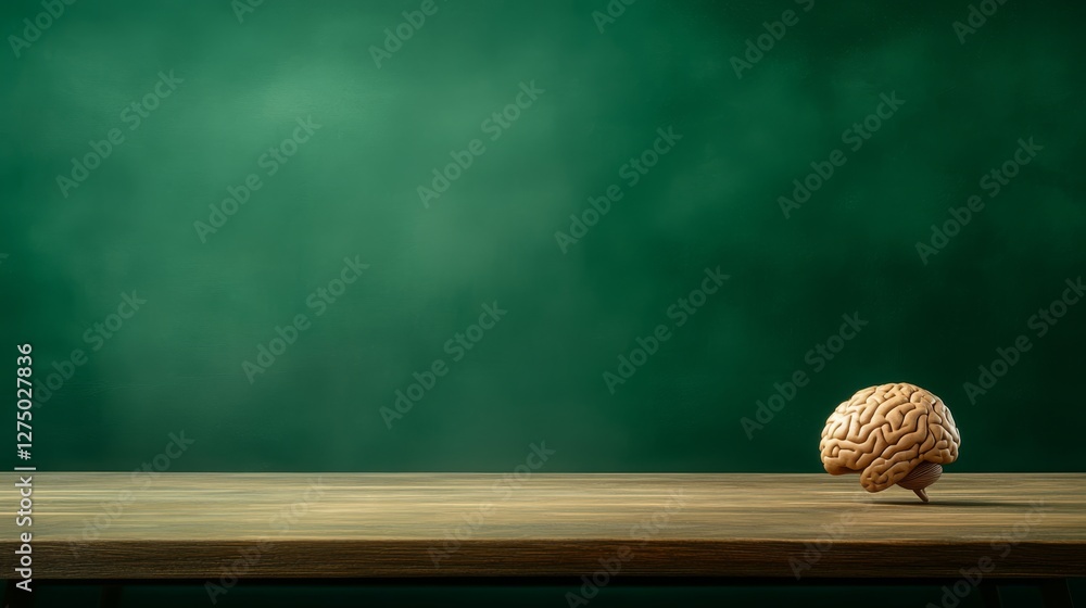 Poster miniature brain on rustic wooden table, a symbolic representation of thought and cognitive processes