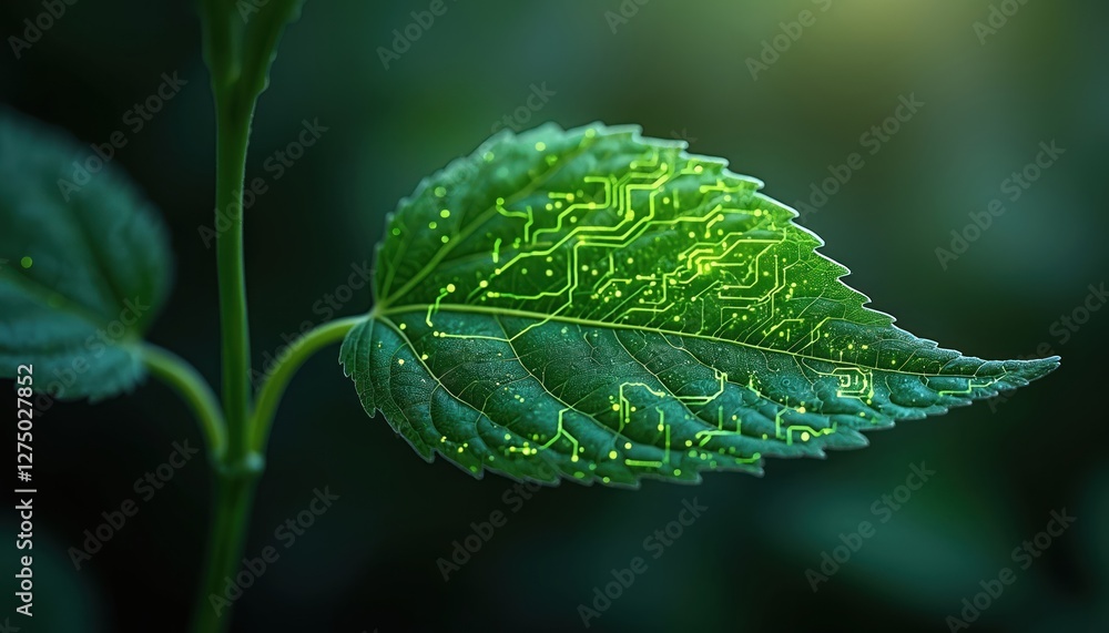 Poster green leaf with glowing circuit board pattern fusion of nature, tech. illustration of innovation, co