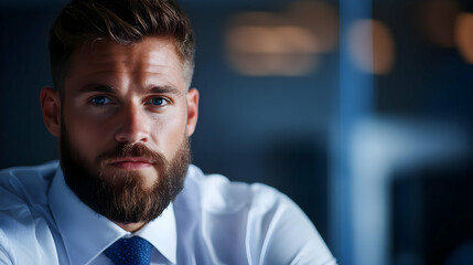 Obraz premium Confident businessman with a thoughtful expression, showcasing modern corporate professionalism in an office setting.