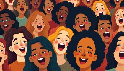 Diverse choir sings in unison, harmony. Group of multicultural women with different skin tones, hair styles. Musical performance, artistic expression of unity and togetherness, vocal ensemble.