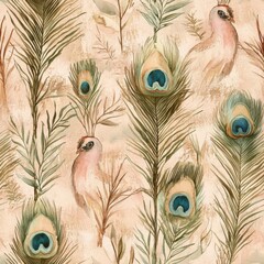 Seamless watercolor pattern with peacock feathers and tropical leaves – elegant hand-painted Boho Design for textiles, wallpaper, and prints