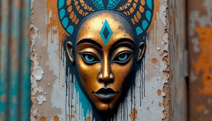 Close-up of face with metallic gold and blue makeup