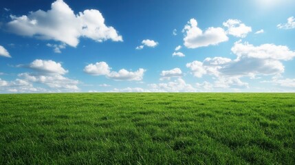 Obraz premium Lush Green Field Under a Bright Blue Sky With Fluffy Clouds