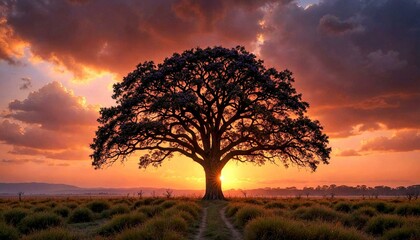 Fototapeta premium Lone Tree in Grassy Plain at Sunset