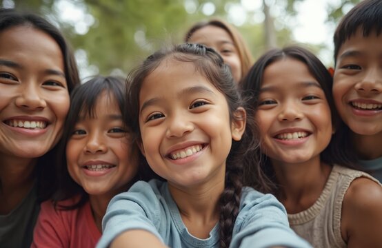 Joyful diverse group selfie. Smiling kids, girls, boys, relatives, look at camera. Happy multiracial family members. Diverse ethnicity, human race unity, togetherness, connection, love, support. - Powered by Adobe
