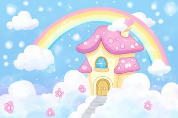 Fairy house on clouds with rainbow for children's book illustration or cute background