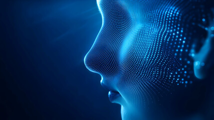 Fototapeta premium Futuristic digital face representation highlighting technology, innovation, and artificial intelligence in a vibrant blue setting.
