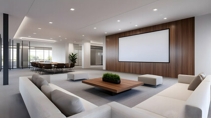 Fototapeta premium Modern office interior featuring a spacious layout with contemporary furniture and a large screen for presentations.
