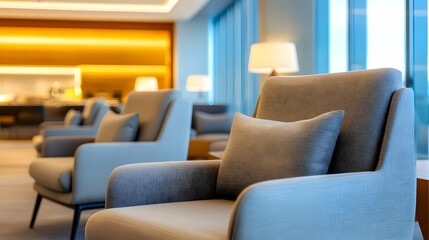 Obraz premium Stylish modern lounge area featuring comfortable armchairs and soft lighting, perfect for relaxation and social gatherings.