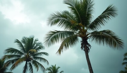 Palm trees under overcast sky, blown by strong winds in tropical storm. Coastal scenery, exotic nature. Force of nature, element of resilience. Summer vacation during travel tour. Natural disaster