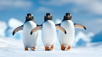 Obraz premium Three cheerful penguins walking on the ice, showcasing their playful nature in a serene Arctic environment.