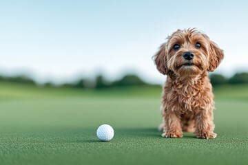 Adorable Small Dog Standing on Golf Course with Golf Ball Nearby