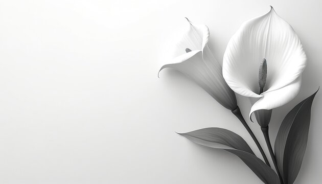 Monochrome sympathy card design with lily flowers. Condolence card. Generative AI illustration for cover, brochure, advertising. Bereavement, loss, mourning, funeral, memorial, grief theme. Empty