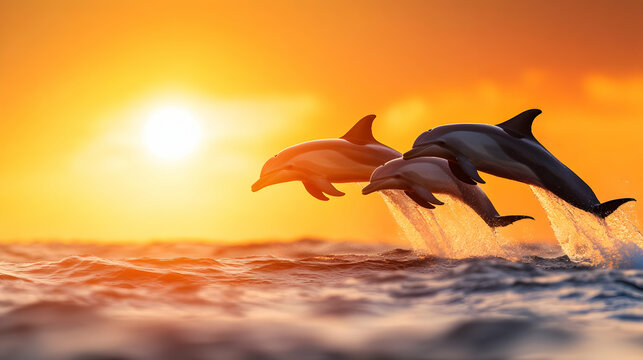 Three dolphins gracefully leap from the ocean against a stunning sunset backdrop, showcasing the beauty of marine life.