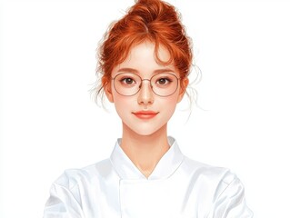 Obraz premium Confident woman in white shirt and stylish glasses. studio portrait photography of glasses fashion, presenting a modern elegant style.