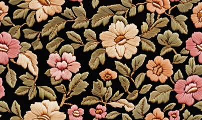 Fototapeta premium Intricate Floral Embroidery on Black Velvet: A Tapestry of Delicate Stitches and Pastel Hues