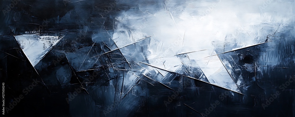 Poster abstract geometric composition showcasing sharp triangles and a blend of dark and light tones, conve