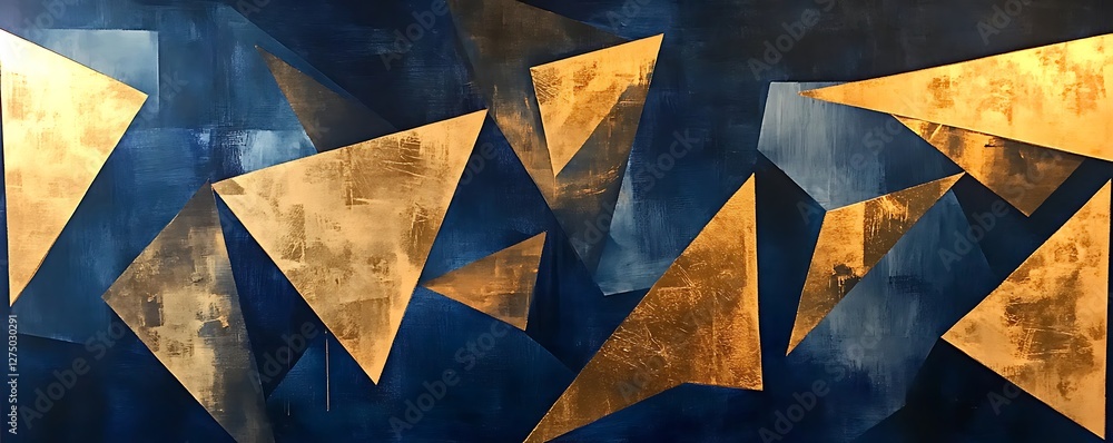 Poster abstract geometric design featuring sharp golden triangles juxtaposed against a deep blue background