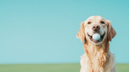 Playful Golden Retriever with Golf Ball in Mouth Against Blue Background