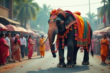 Majestically adorned elephant in vibrant festive attire, gracefully processional through a bustling market street