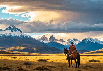 lone gaucho on horseback in stunning Patagonian landscape