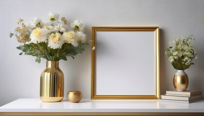 Luxurious Home Decor Moment Fresh Flowers Illuminate Modern White Furniture in Elegant Gold Frame, Creating a Serene and Opulent Scene in the Heart of Sophisticated Living