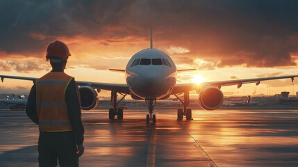 Airport worker overseeing aircraft at sunset