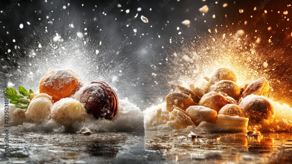 Poster vibrant display of ice cream scoops splashing in contrasting environments with dynamic backgrounds