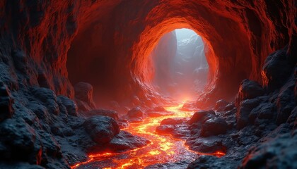 Cave in rock illustration. Hot cave near volcano eruption, deep dungeon, lava river. Descent to hell, portal to underworld. Mystic, fantasy three-dimensional artwork. Rock walls, cavern, ancient